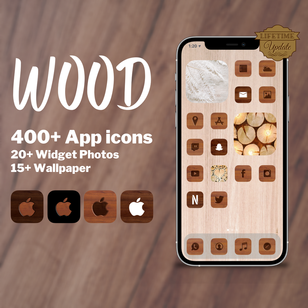 400 Wood icon pack, iOS 14 App Icons, Social media Icons, Aesthetic iPhone Home Screen, Customize lock, Black, White, Wood, Wooden