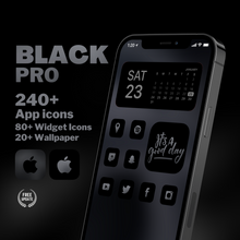 Load image into Gallery viewer, 240 Black Pro icon pack, iOS 14 App Icons, Social media Icons, Aesthetic iPhone Home Screen, Customize lock, Black Gray Dark
