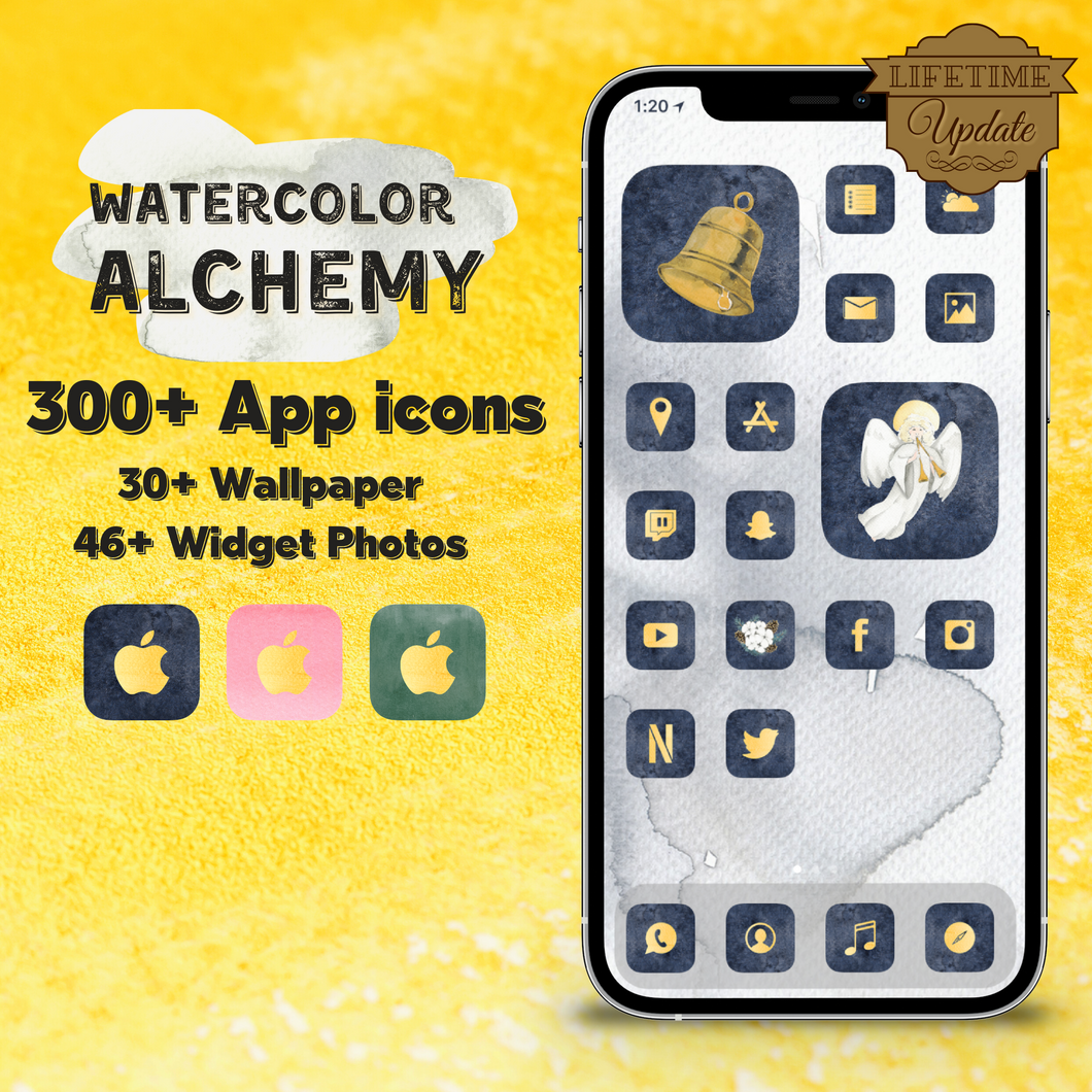300 WaterColor Alchemy icon pack, iOS 14 App Icons, Social media Icons, Aesthetic iPhone Home Screen, Customize, Gold, Black, Pink, Green