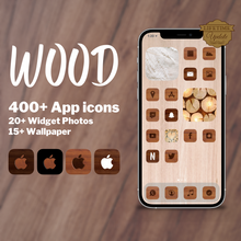 Load image into Gallery viewer, 400 Wood icon pack, iOS 14 App Icons, Social media Icons, Aesthetic iPhone Home Screen, Customize lock, Black, White, Wood, Wooden
