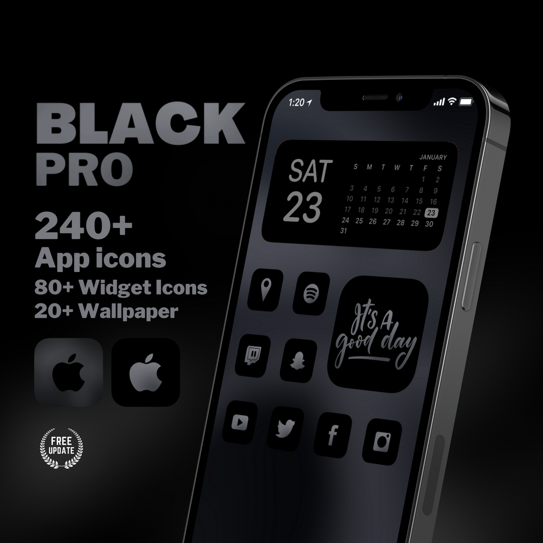 240 Black Pro icon pack, iOS 14 App Icons, Social media Icons, Aesthetic iPhone Home Screen, Customize lock, Black Gray Dark