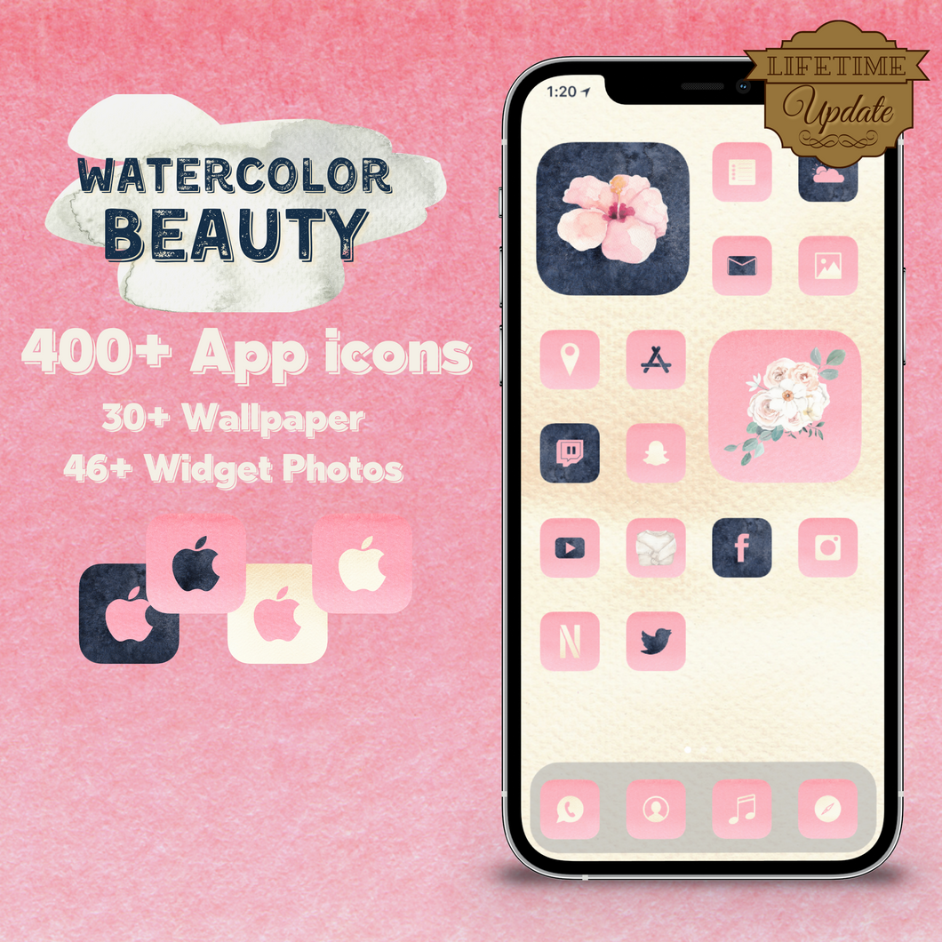 400 WaterColor Beauty icon pack, iOS 14 App Icons, Social media Icons, Aesthetic iPhone Home Screen, Customize, Black, Pink, Yellow, Rose