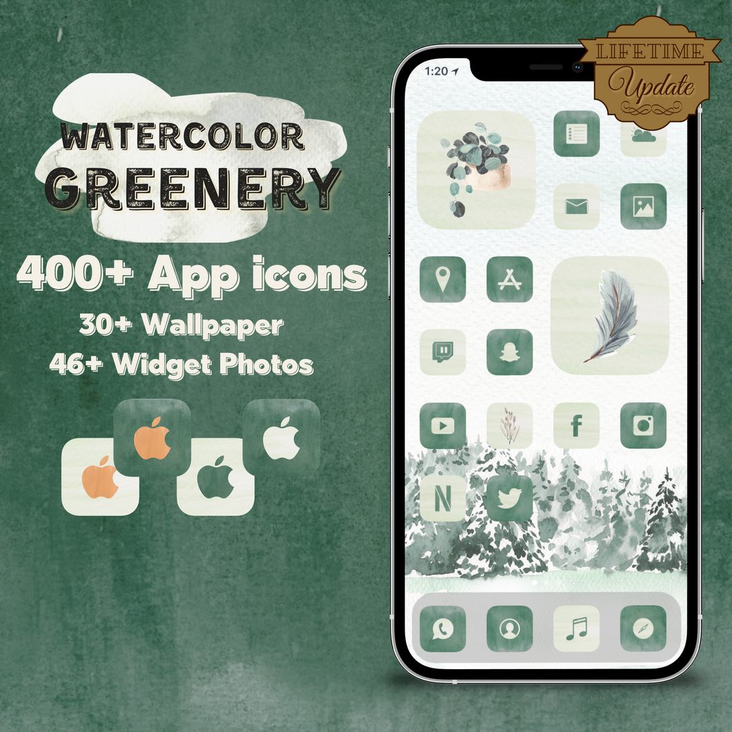 400 WaterColor Greenery icon pack, iOS 14 App Icons, Social media Icons, Aesthetic iPhone Home Screen, Customize lock, Green, Yellow, Brown
