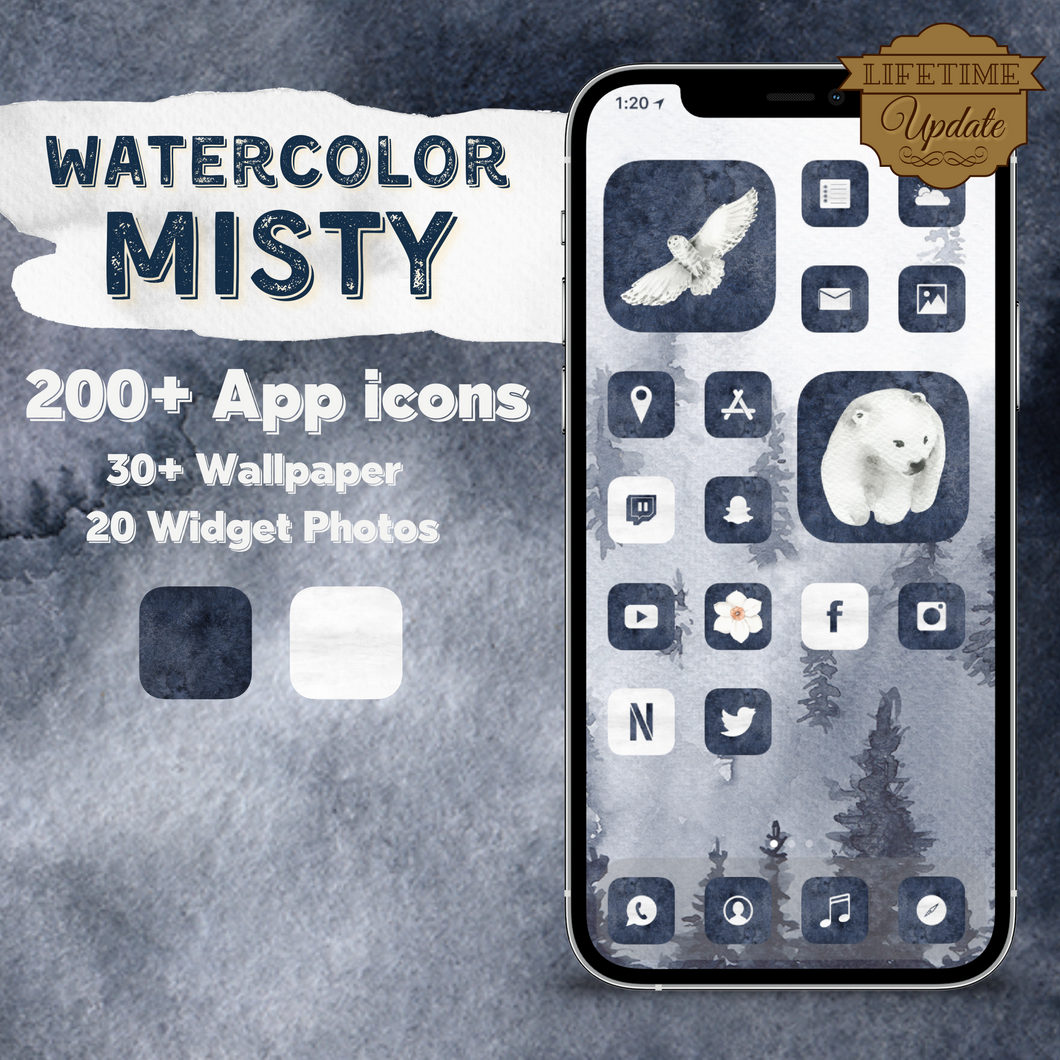 200 WaterColor Misty icon pack, iOS 14 App Icons, Social media Icons, Aesthetic iPhone Home Screen, Black, White, Grey, Navy, Dark