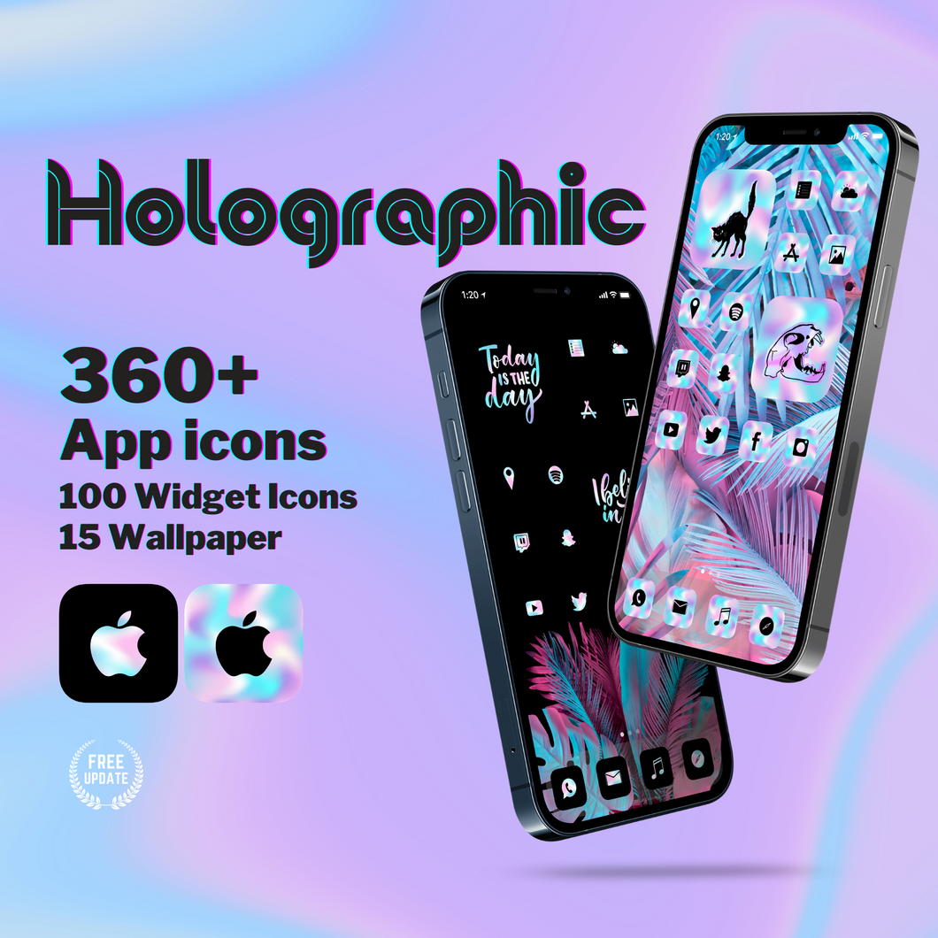 360 Holographic icon pack, iOS 14 App Icons, Social media Icons, Aesthetic iPhone Home Screen, Customize lock, Purple Black Transparent