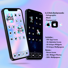 Load image into Gallery viewer, 360 Holographic icon pack, iOS 14 App Icons, Social media Icons, Aesthetic iPhone Home Screen, Customize lock, Purple Black Transparent
