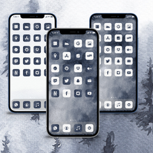 Load image into Gallery viewer, 200 WaterColor Misty icon pack, iOS 14 App Icons, Social media Icons, Aesthetic iPhone Home Screen, Black, White, Grey, Navy, Dark

